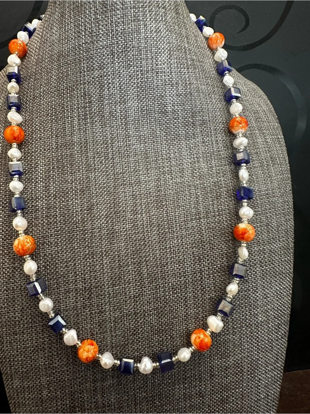 Freshwater Pearl Necklace with Orange and Navy Accents